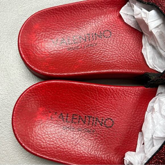 Valentino Red Slides Sparkle Metallic Logo Name Top Sandals Made in Italy Sz 37 - Picture 3 of 7